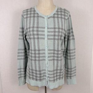 Christopher & Banks Womens Button Cardigan Sweater Seafoam Blue Gray Plaid NWT
